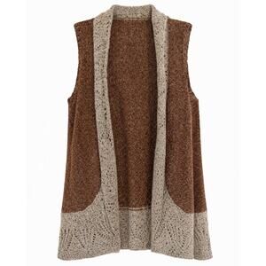 Ponsesa Knit Sleeveless Vest Brown Beige Lace Trim Open Front - Large